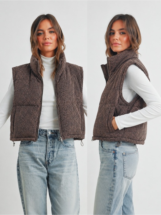 Thread & Supply Jackets & Blazers - Thread & Supply Leopard Crop Quilted Puffer Vest Zip-Up Medium